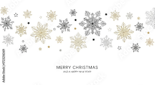 Elegant Merry Christmas and Happy New Year greeting with delicate gold, silver, and black snowflakes and stars on a white background