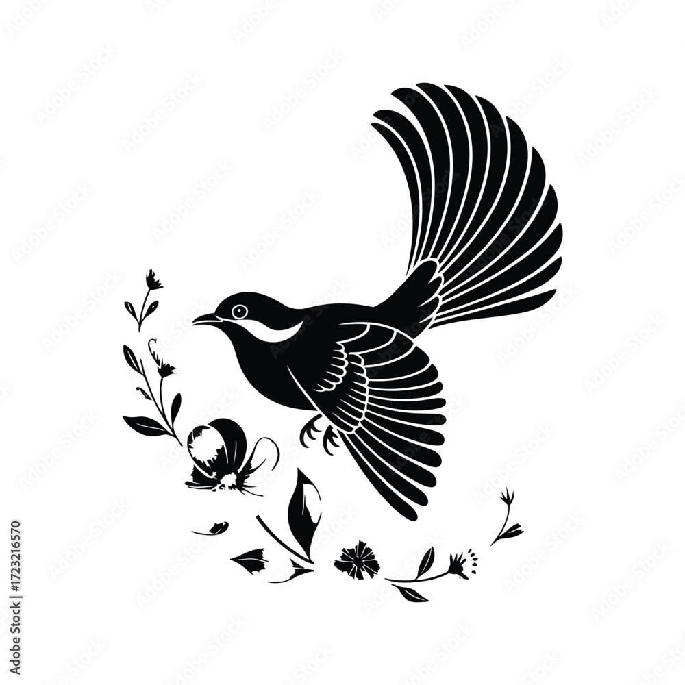 Fototapeta premium Elegant Bird Silhouette Illustration A Black Vector Design of a Bird in Flight Surrounded by Floral Elements on a Clean White Background