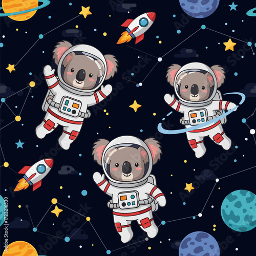 Adorable koala astronauts exploring a vibrant starry space with planets and rockets