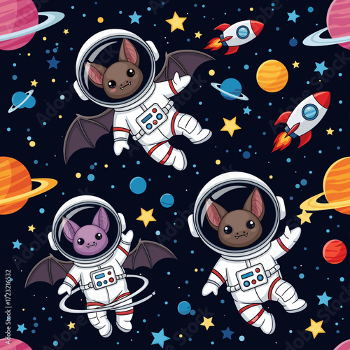 Cute cartoon bats in astronaut suits floating in outer space with planets and rockets