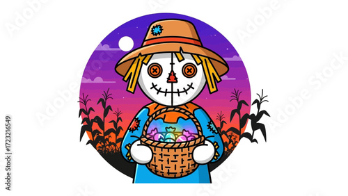Harvest Companion: A cheerful scarecrow, adorned with a straw hat and stitched features, stands in a vibrant cornfield at twilight, clutching a basket filled with colorful candies.