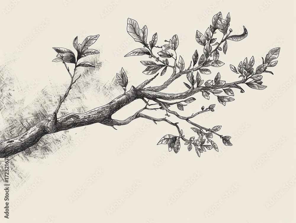 Fototapeta premium Botanical illustration of a branch with leaves in a monochromatic pencil drawing