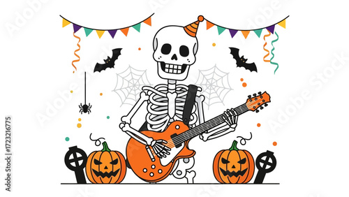 Spooky Halloween Jam Session: An animated skeleton in a party hat strums a guitar against a festive Halloween backdrop, complete with grinning pumpkins, playful bats, and decorative garlands.