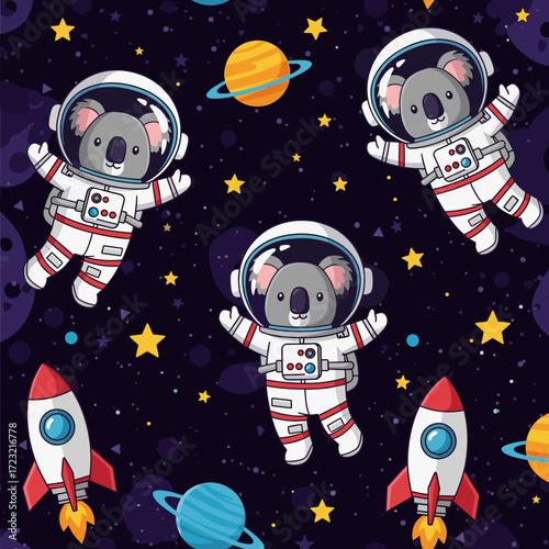 Cute koala astronauts float in a starry space with planets and rockets Fun playful adventure