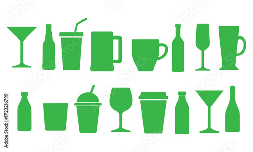 Vector illustration of Collection of Green Drinkware and Beverage Containers Icons