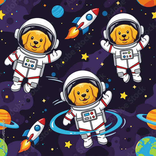 Cute golden retriever astronauts float in space with rockets and planets Fun animal adventure