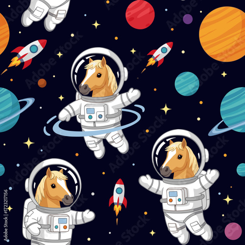 Adorable cartoon horses in astronaut suits explore the vibrant cosmos Ideal for kids designs