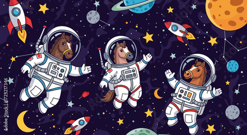 Three cartoon horses in astronaut suits floating in space surrounded by stars planets and rockets
