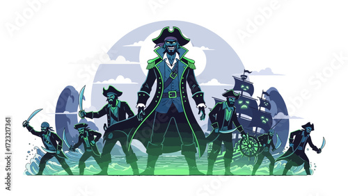 Pirate Crew Illustration: A meticulously detailed digital illustration captures a powerful pirate leader at the forefront, commanding a fearsome crew amidst turbulent seas.