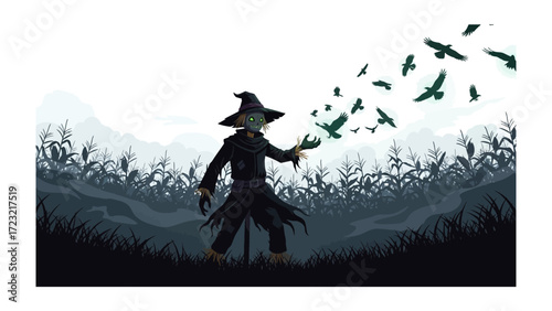 Spooky Scarecrow in the Field: A scarecrow, arms outstretched, amidst a cornfield, is master of his domain in a cartoonish illustration, complete with crows taking flight across the scene.
