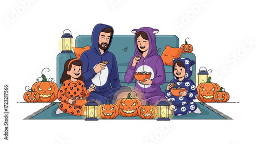 Family Halloween Gathering: An artistic depiction of a family adorned in Halloween costumes, gathered around carved pumpkins, creating a festive and joyful scene of togetherness.