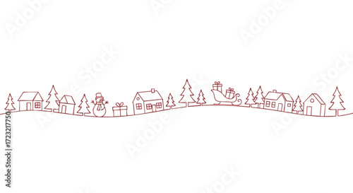 Charming red line art depicts a whimsical winter village with festive houses, trees, snowman, gifts, and Santa's sleigh carrying presents