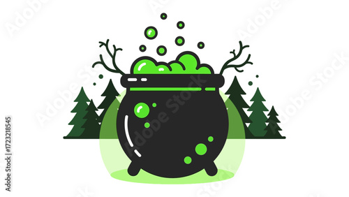 Mysterious Brew in a Cauldron: A flat illustration of a dark cauldron bubbling with a vivid green potion, set against a minimalist backdrop of a forest, ideal for mystical and enchanting content.