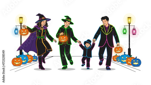 Halloween Family Celebration: A family dressed in Halloween costumes and holding lanterns, walking joyfully down a street with jack-o-lanterns, lanterns and lights.
