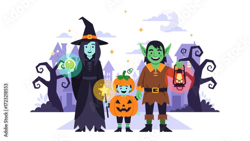 Enchanting Halloween Gathering: A whimsical scene unfolds as a trio of costumed characters, including a mystical witch, a jolly pumpkin child, and a mischievous goblin.