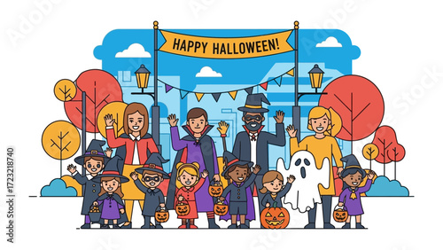 Spirited Halloween Gathering: A vibrant illustration captures the joyous spirit of Halloween, with costumed characters gathered beneath a festive banner, pumpkins, and spirited atmosphere. 