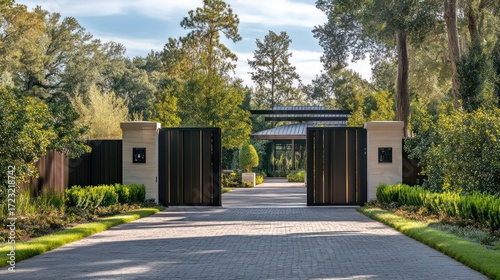 Stylish automated gate with metallic finishes, voice-activated controls, and a contemporary look
