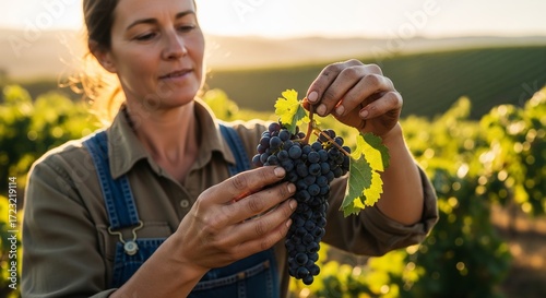 Medium frame of a vintner inspecting grape clusters, with focused hands and grapes against a blurred vineyard landscape, capturing rural winemaking tradition
