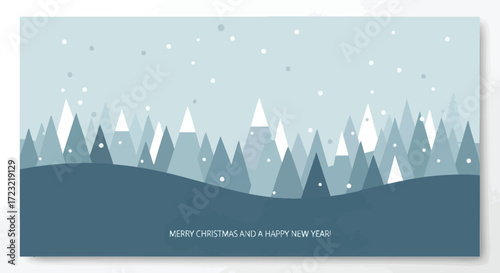Serene winter forest landscape with gentle snowfall creates a peaceful holiday greeting perfect for Christmas cards and New Year celebrations