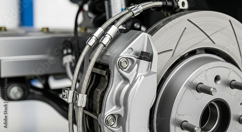 High-performance automotive brake system detail showing rotor, caliper, and braided hoses for enhanced stopping power and precision engineering