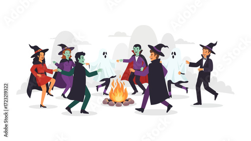 Spooky Halloween Dance: A spirited Halloween gathering unfolds, as costumed figures and ghoulish apparitions join a lively dance around a crackling bonfire, bathed in an eerie glow.