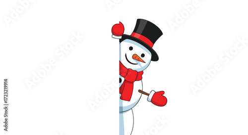 Cheerful snowman peeking from behind a white space perfect for holiday greetings and winter promotions