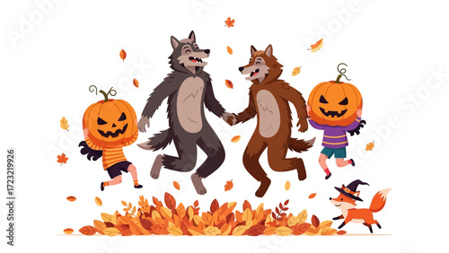 Halloween Parade: A whimsical, illustrated scene of costumed creatures and playful monsters enjoying a Halloween parade, where creativity and festive energy burst forth.