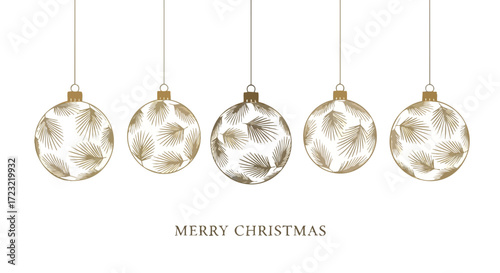 Elegant gold Christmas ornaments with intricate leaf patterns hang against a clean white background, celebrating the festive season