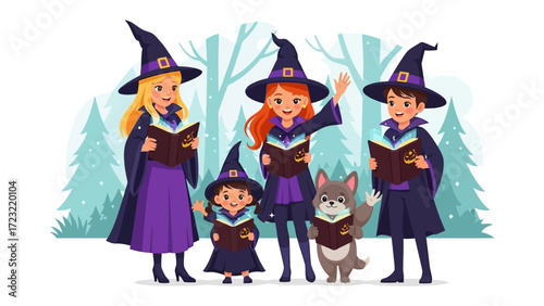 Young Witches and Their Pet: A bewitching scene unveils a group of young witches, accompanied by their charming animal companion, immersed in a magical book.