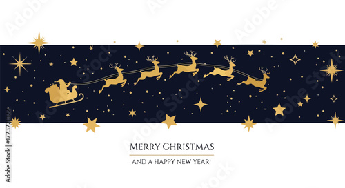 Santa's magical sleigh glides through starry night sky, spreading holiday cheer with golden reindeer and festive greetings