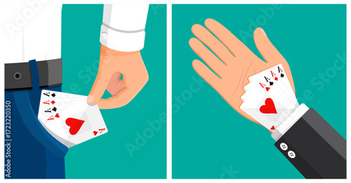 Cunning man pulling poker cards from pocket and using ace card as cheating concept. Flat style stock vector set collection illustration.