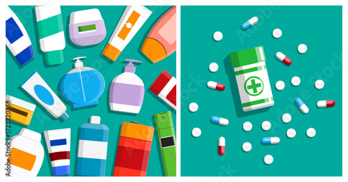 Variety of cosmetic and medicine bottles with pill bottle and pills. Beauty and healthcare product collection on bright background.