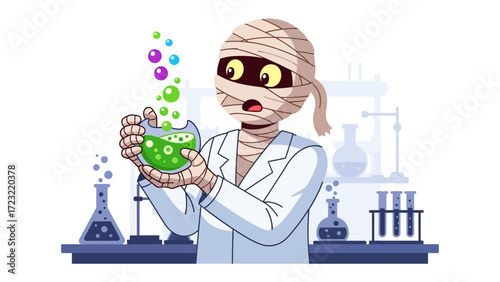 The Mummy Scientist: A cartoon mummy meticulously examines a bubbling potion within a lab setting, depicting scientific curiosity, Halloween vibes, and experimental intrigue. 