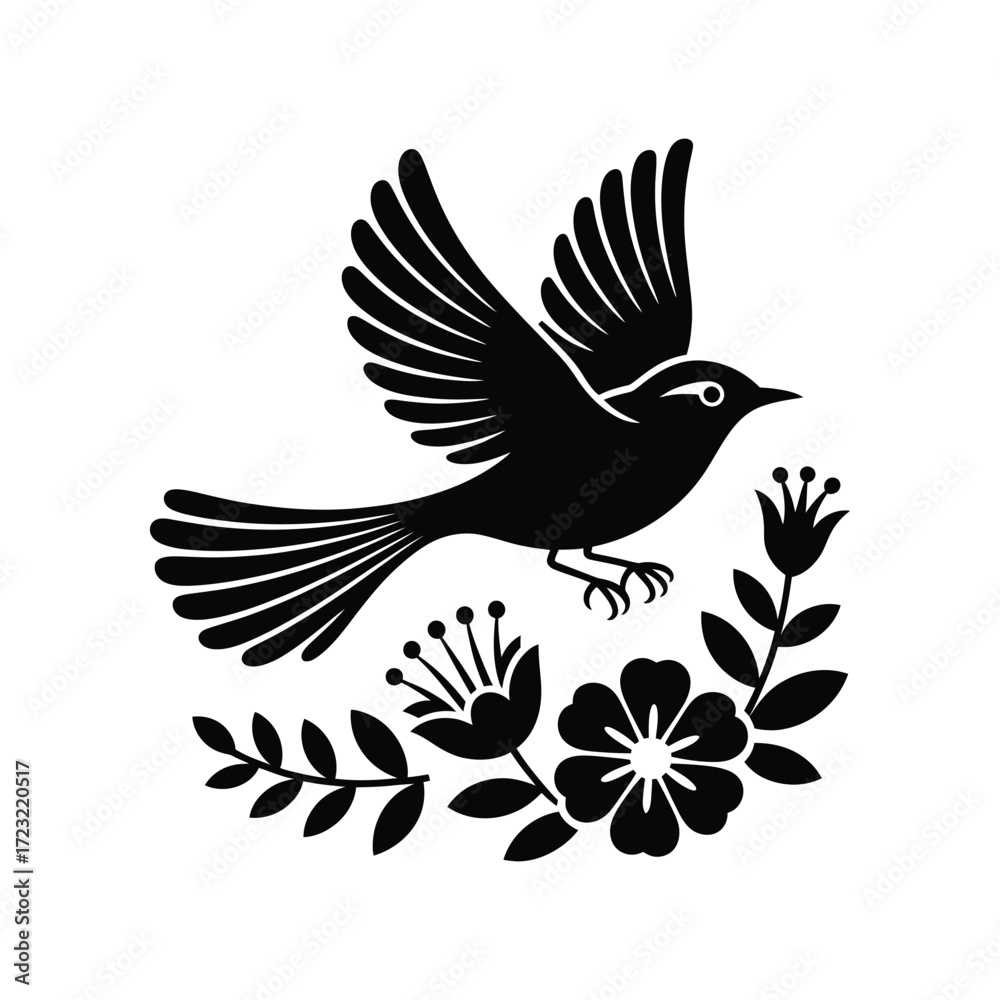 Obraz premium Soaring Bird Silhouette Illustration A Black Vector Design of a Bird in Flight Surrounded by Flowers Showcasing Nature's Beauty and Freedom