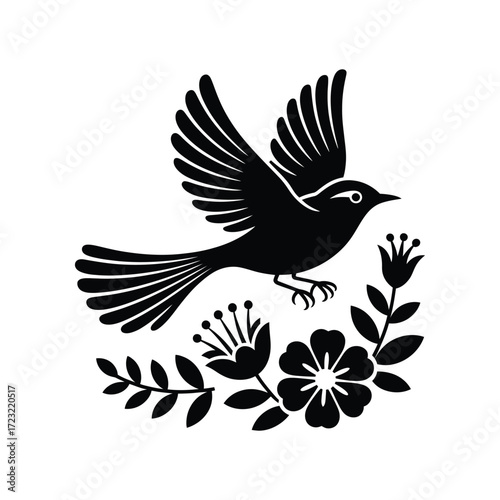 Soaring Bird Silhouette Illustration A Black Vector Design of a Bird in Flight Surrounded by Flowers Showcasing Nature's Beauty and Freedom