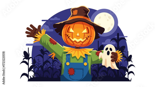 Halloween Scarecrow Illustration: A whimsical and captivating illustration of a Halloween scarecrow, brought to life in vibrant detail. The scarecrow's pumpkin head exudes a playful aura.