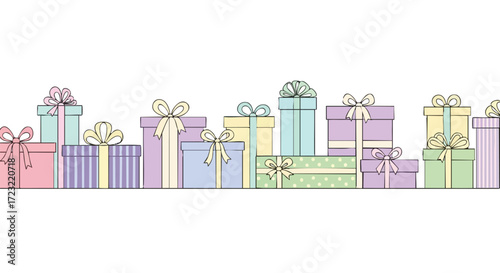 Delightful collection of pastel gift boxes with bows, perfect for celebrations and special occasions, creating festive joy.