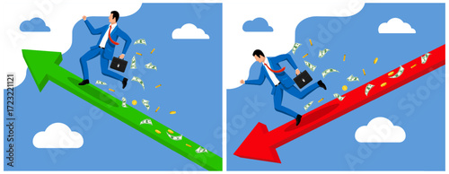 Businessman running on upward and downward arrows with money. Business success and failure concept. Financial growth and loss vector artwork.