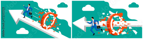 Man running business obstacle course. Businessman career challenge and success breakthrough. Flat style stock vector set.