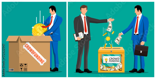 Men contributing money to crowdfunding concept. Flat style stock vector set collection illustration.