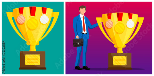 Man businessman with gold trophy cup and medal award. Business goal achievement and success. First place winning concept.