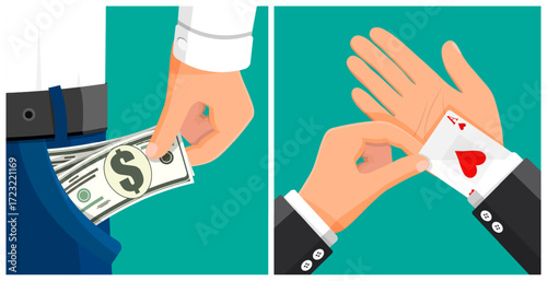 Man hiding an ace up his sleeve and man putting money in his pocket. Cheating magic trick. Risk in business.
