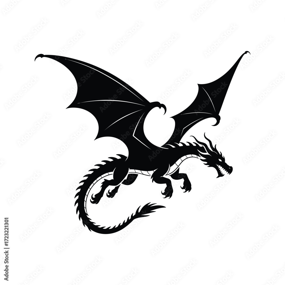 Fototapeta premium Powerful Dragon Silhouette Vector Illustration A Black Mythical Creature Design for Gaming, Art, and Graphic Projects, Perfect for Digital Media