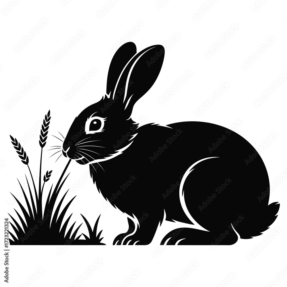 Obraz premium Charming Rabbit Silhouette Vector Illustration A Black and White Design Featuring a Bunny Eating Grass, Ideal for Nature-Themed Graphic Projects