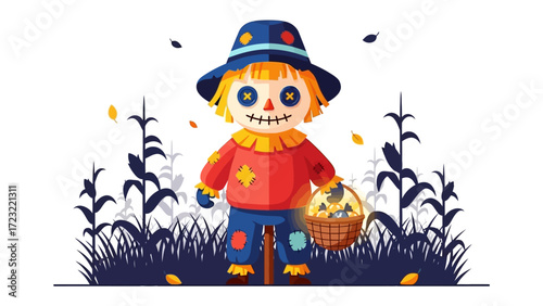 Whimsical Scarecrow in the Autumn Field: A cheerful scarecrow, adorned in a straw hat, stands proudly amidst a vibrant field, embracing the autumn season. It embodies the spirit of harvest.
