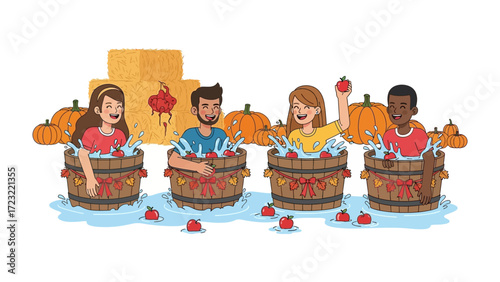 Apple Bobbing Fun: A vibrant illustration captures the essence of a classic harvest festival activity.
