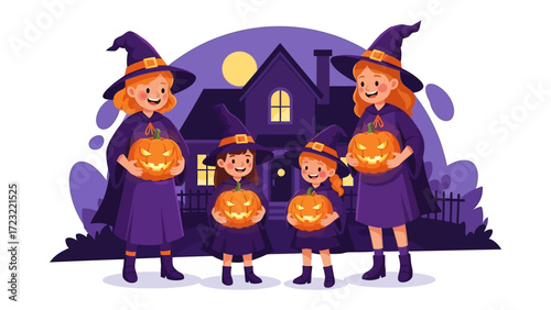 Halloween Witch Family: A family dressed in classic witch attire, holding glowing jack-o'-lanterns, set against a mysterious house under a full moon, celebrating the spooky season with glee.