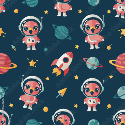 Cute flamingo astronauts rockets and planets in a fun space exploration pattern for kids
