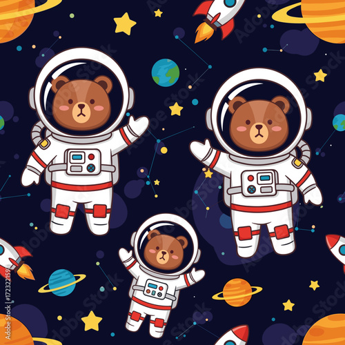 Seamless pattern of cute astronaut bears rockets and planets in a starry cosmos