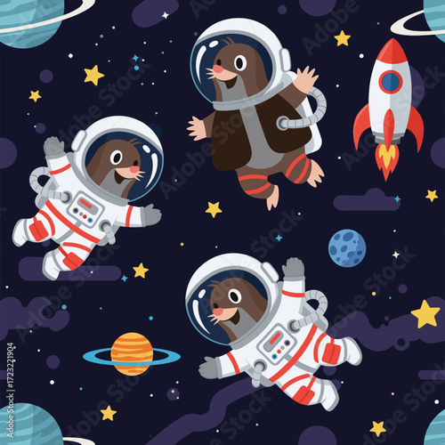 Cute moles in astronaut suits exploring colorful space with planets stars and a rocket